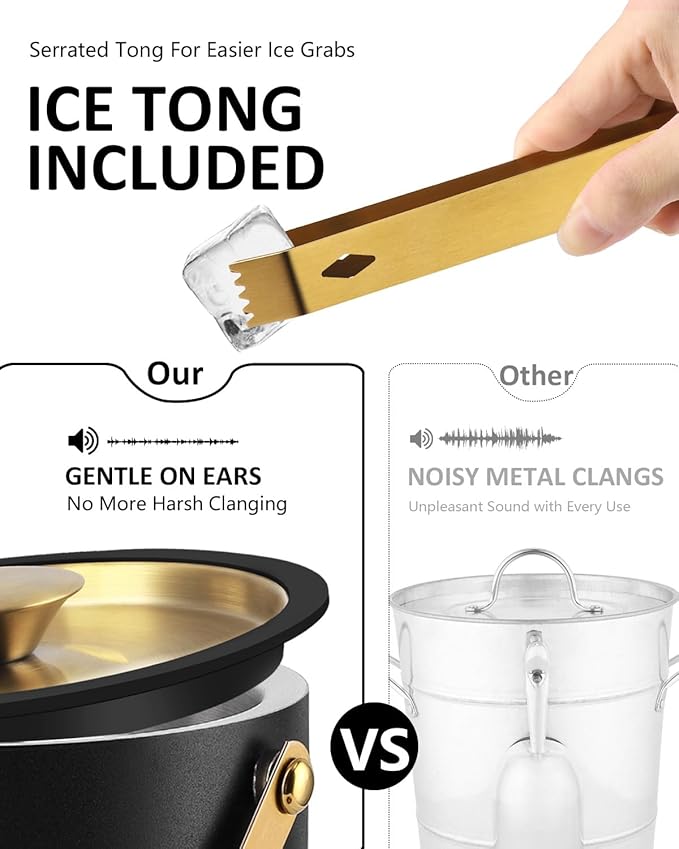 3L Ice Bucket with Silicone Lid, Scoop, Gold Tongs & Strainer, Stainless Steel Double Wall Insulated Ice Buckets for Parties & Cocktail Bar, Outdoor Champagne Ice Container Bin, Black