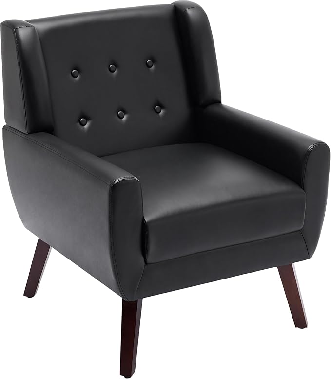 UIXE PU Leather Accent Chairs Set of 2, Modern Arm Club Chair Upholstered Armchair for Living Room, Comfy Single Sofa Seats Button Tufted Reading Seating, Black