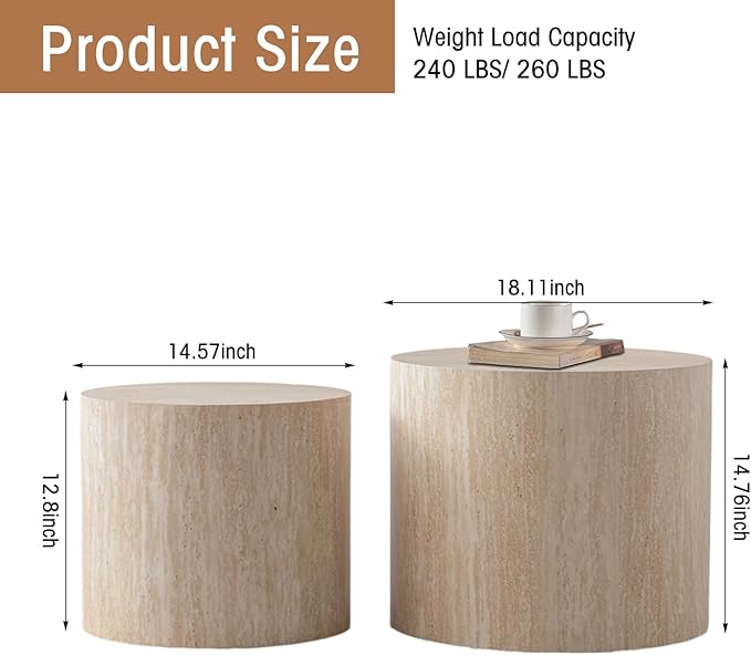 Round Nesting Coffee Table Set of 2 Travertine Round Drum Fluted Coffee Tables for Small Space Modern Stacking Nesting Tables Minimalist Circle Center Table 2 Piece for Living Room (Travertine)