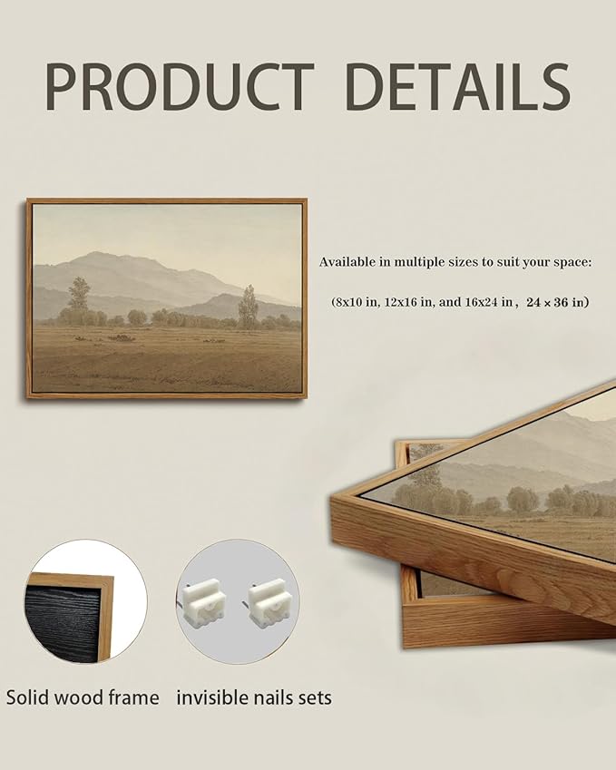 KISSFOX Vintage Landscape Framed Wall Art Grassland Mountain Canvas Wall Art Minimalist Neutral Farmhouse Serene Countryside Paintings Artwork Rustic Art Prints For Bedroom Living Room