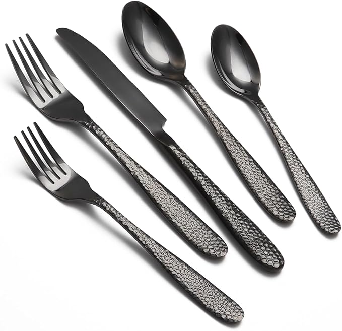 Black Hammered Silverware Set, 40 Piece Stainless Steel Heavy Duty Flatware Set for 8, Food-Grade Tableware Cutlery Set for Home Restaurant, Mirror Polished, Dishwasher Safe