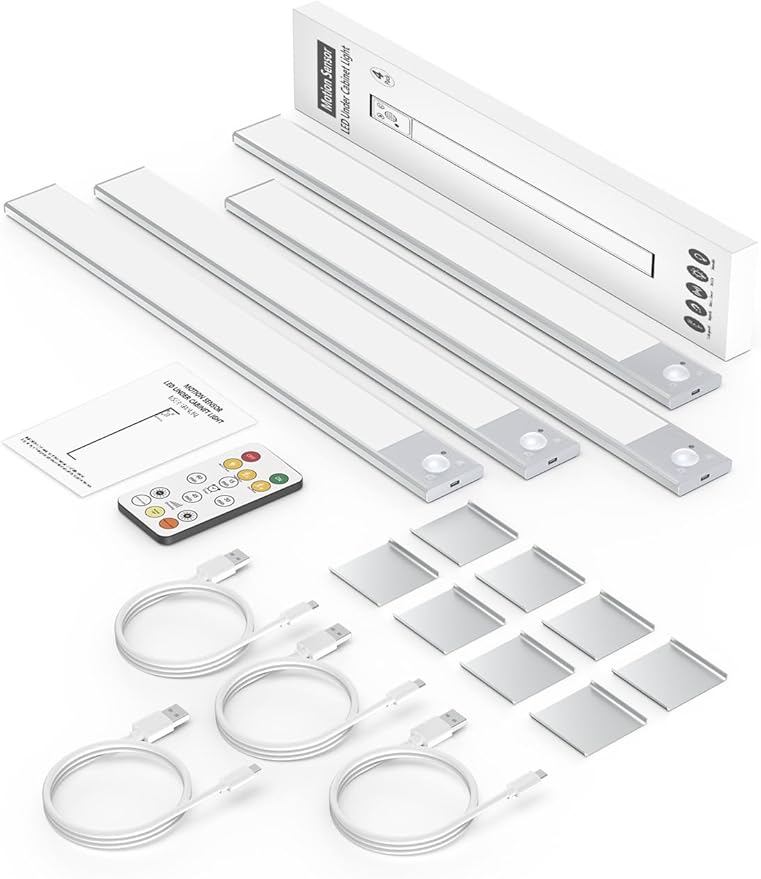 16" Ultra-Thin Under Cabinet Lighting Wireless, Aluminum Alloy Under Counter Lights for Kitchen, 3-Color-Temps Magnetic Closet Lights, Rechargeable Motion Sensor Light Indoor (4 Pack, Silver)