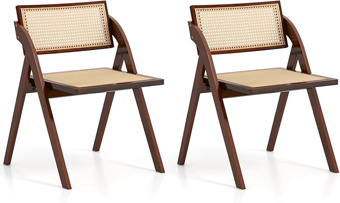 Giantex Folding Dining Chairs Set of 2, Wooden Folding Chair with Rattan Backrest & Seat, Sturdy Rubber Wood Frame, Armless Accent Chairs for Living Room, Kitchen, Wedding Party, No Assembly, Brown