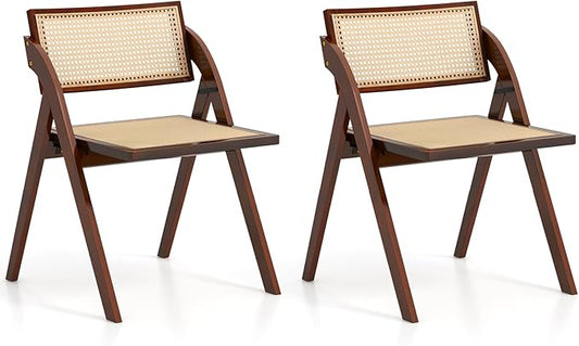 Giantex Folding Dining Chairs Set of 2, Wooden Folding Chair with Rattan Backrest & Seat, Sturdy Rubber Wood Frame, Armless Accent Chairs for Living Room, Kitchen, Wedding Party, No Assembly, Brown