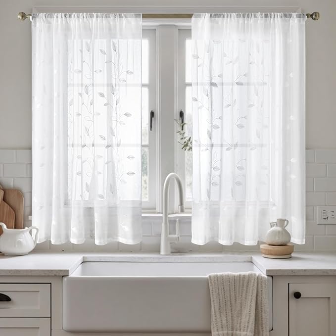 HOMEIDEAS White Sheer Kitchen Curtains 52 x 54 Inch Length 2 Panels Embroidered Leaf Pattern Short Curtains for Bedroom Half Small Window Rod Pocket Tiers