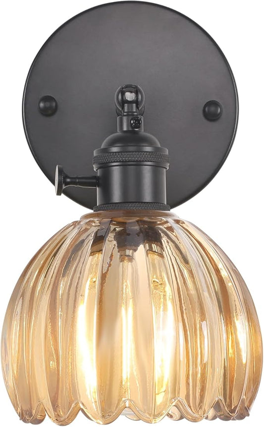 Vintage Wall Sconce with Cute Amber Tulip Glass Lampshade 180 Degree Adjustable Black Sconce Hradwired Modern Wall Lighting Fixture with Switch for Bedside Bedroom Doorway