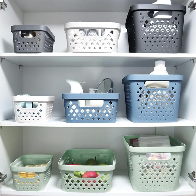 Glad Plastic Baskets for Organizing, Set of 6 | Pantry Storage for Under Counter, Linen Closet, and Bathroom | Nesting Shelf Bins with Handles, 1 Gallon, White