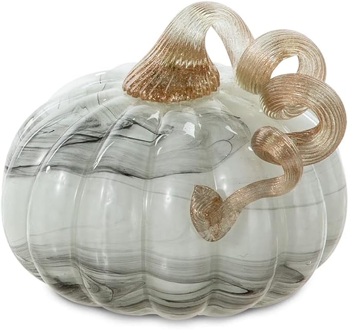 Glitzhome Hand Blown Glass Pumpkin Table Accent for Home Decor Fall Harvest for Mother Gray Marble 4.13" H