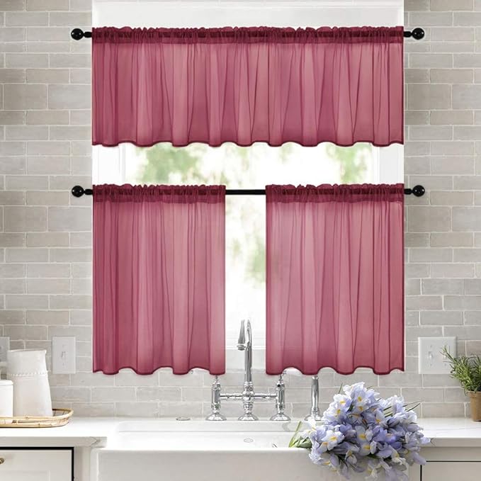 MIULEE Short Sheer Curtains 30 Inch Length for Kitchen Bathroom Cafe Half Window Treatment, Rod Pocket Tier Curtains 2 Panels, 29x30 Inches Long, Maroon Red