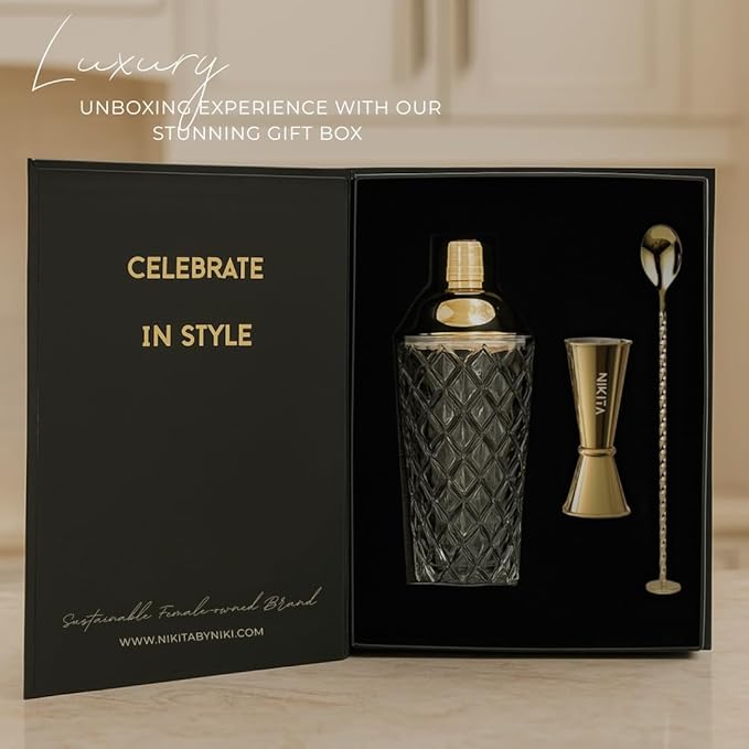 Gold Cocktail Shaker Glass Set - 5 Piece Martini Shaker Set with Strainer, Jigger, Spoon & Muddler - 16oz Crystal Shaker - Ideal Gift for Home Bar & Drink Trolley Décor