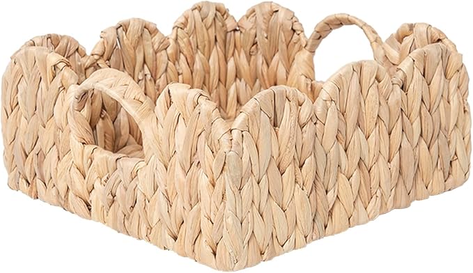 Water Hyacinth Scalloped Trays, Wicker Serving Trays with Handles, Woven Rattan Square Seagrass Tray for Decor, Set of 2