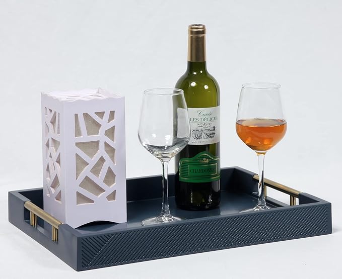 Serving Tray with Polished Metal Handles, 16.5''x12'' Rectangle Coffee Table Tray, Modern Decorative Tray, Large Ottoman Tray, Perfect for Storage and Display (Blue)