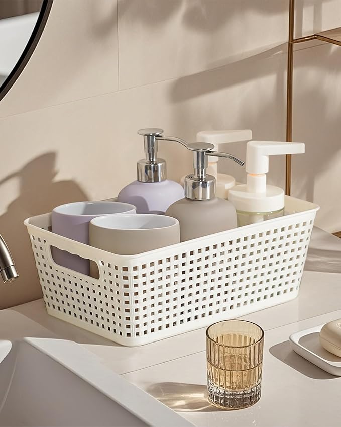 Storage Bins with Lids 10 Packs, Plastic Storage Bins with Bamboo Lids for Pantry Organization and Storage Containers for Shelves Drawers Desktop Closet Playroom Classroom Office Home, White