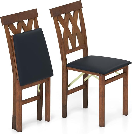 GOFLAME Folding Dining Chairs Set of 2, Foldable Kitchen Chairs with PVC Leather Padded Seat and Rubber Wood Frame, Elegant Hollowed Backrest, Wooden Dinner Chair Set for Dining Room, Walnut