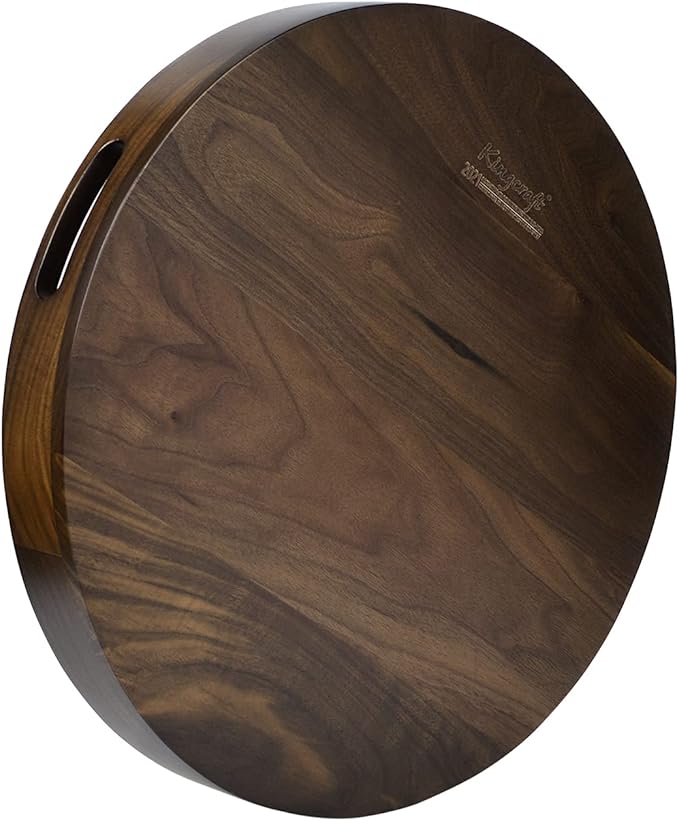 18 x 18 inches Large Round Ottoman Table Tray, Wooden Solid Black Walnut Circle Platter Decorative Serving Tray with Handle for Oversized Ottoman Home Breakfast in Bed Tea Coffee