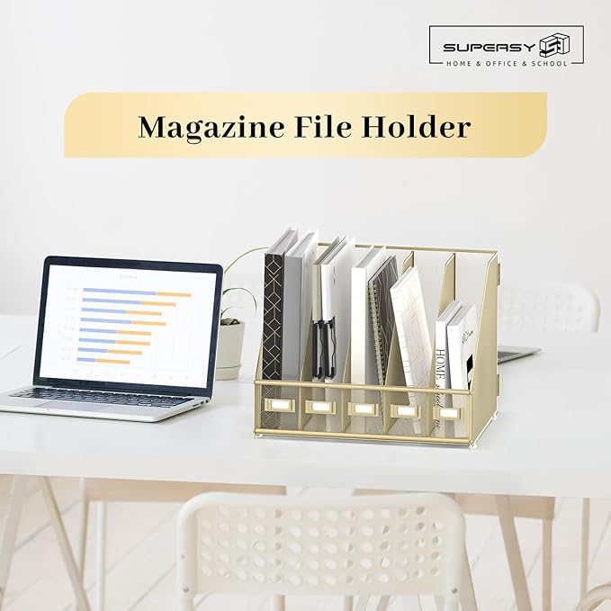 SUPEASY Desk Organizers Metal Desk Magazine File Holder with 5 Vertical Compartments Rack File Organizer for Office Desktop, Home Workspace, Golden Yellow