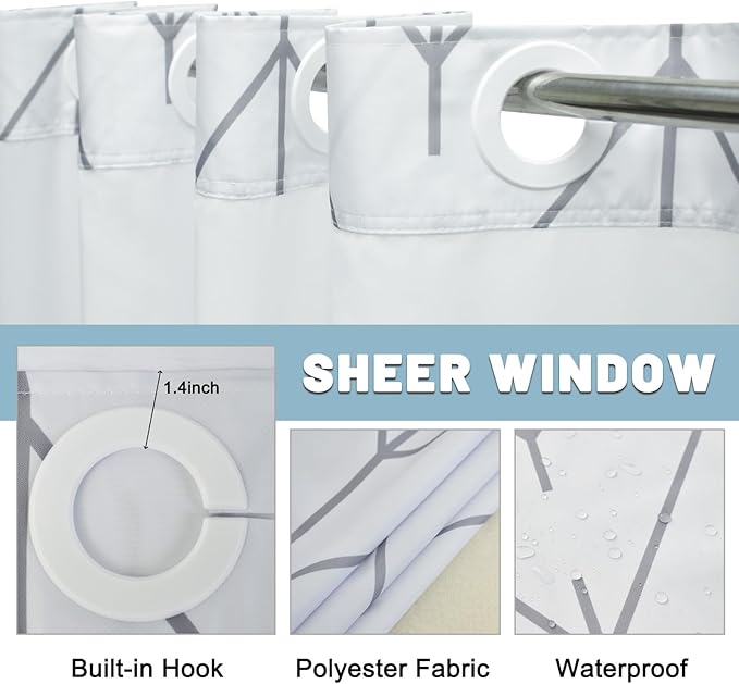 No Hook Geometric Striped Shower Curtain with Snap in Liner Set - Hotel Shower Curtain and Liner Set with See Through Mesh Top Window,Machine Washable, 71x74 INCH - Grey & White Herringbone