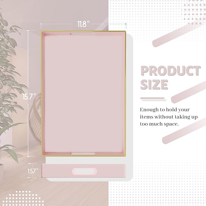 MAONAME Pink Serving Tray with Handles, Rectangular Decorative Tray, Modern Coffee Table Trays, Plastic Ottoman Trays for Bathroom, Decor, 15.7” x 11.8” x 1.57"