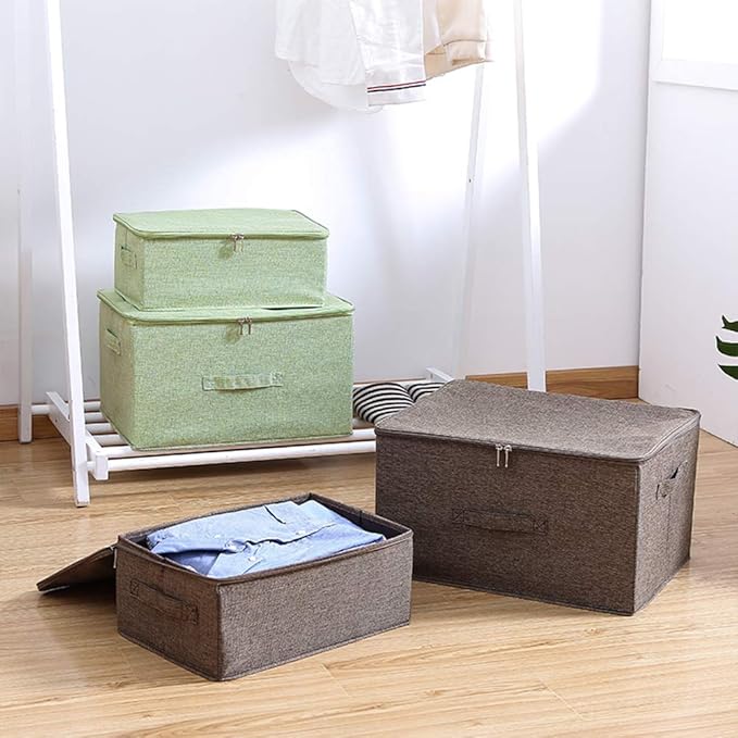 ANMINY Storage Bins with Zipper Lids 13 Qt Lidded Fabric Storage Boxes Baskets Cubes with Handles Collapsible Washable Cotton Linen Closet Shelf Clothes Organizer Containers - Green, Small