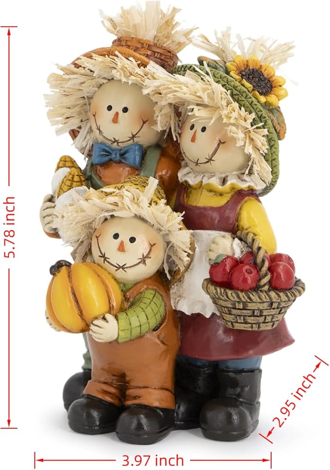 Hodao Fall Scarecrow Family Figurine with Pumpkin, Corn and Apple Basket, Hand-Painted Resin, Autumn Harvest and Thanksgiving Home Decor and Gift for Tiered Tray, Mantel, Tabletop, Windowsill
