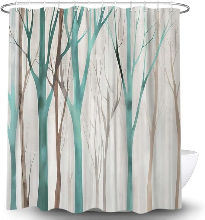 MERCHR Brown Teal Tree Fabric Shower Curtain, Art Style Abstract Birch Forest Rustic Wood Polyester Fabric Waterproof Bath Curtain, Farmhouse Bathroom Shower Curtains with Hooks 72X84 Inch