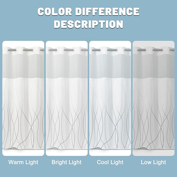 No Hook Ombre Grey White Striped Shower Curtain with Snap in Liner Set - Hotel Shower Curtain and Liner Set with See Through Mesh Top Window,Machine Washable, 71x74 INCH