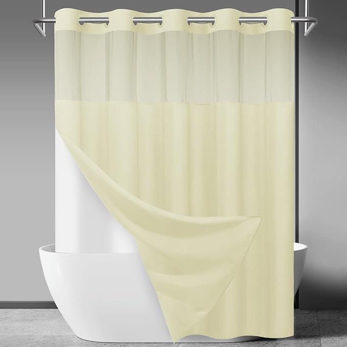 No Hook Slub Textured Shower Curtain with Snap in Liner - Sand Fabric Outer Curtain & Waterproof Inner Liner, Hotel Style with See Through Top Window, 71x74 in