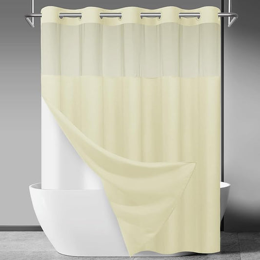 No Hook Slub Textured Shower Curtain with Snap in Liner - Sand Fabric Outer Curtain & Waterproof Inner Liner, Hotel Style with See Through Top Window, 71x74 in