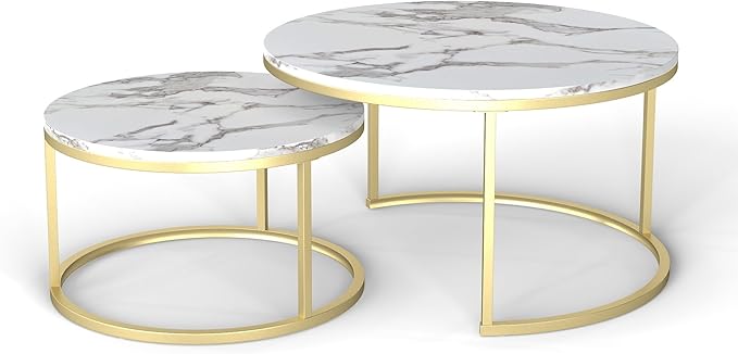 Nesting Coffee Table Set of 2, 31.5" Round Coffee Table Wooden Marble Pattern Accent Furniture, Industrial End Table for Living Room Bedroom Balcony (White/Gold)