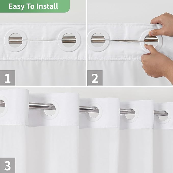 White No Hook Shower Curtain with Snap-in Fabric Liner Set,Slub Textured Fabric Shower Curtains for Bathroom,Hotel Style Modern Shower Curtain,Water Repellent& Washable,71x77(75)