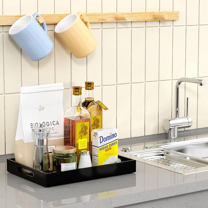 NIUBEE Acrylic Serving Tray 12x16 Inches -Spill Proof- Decorative Tray Organiser for Ottoman Coffee Table Countertop with Handles - Black