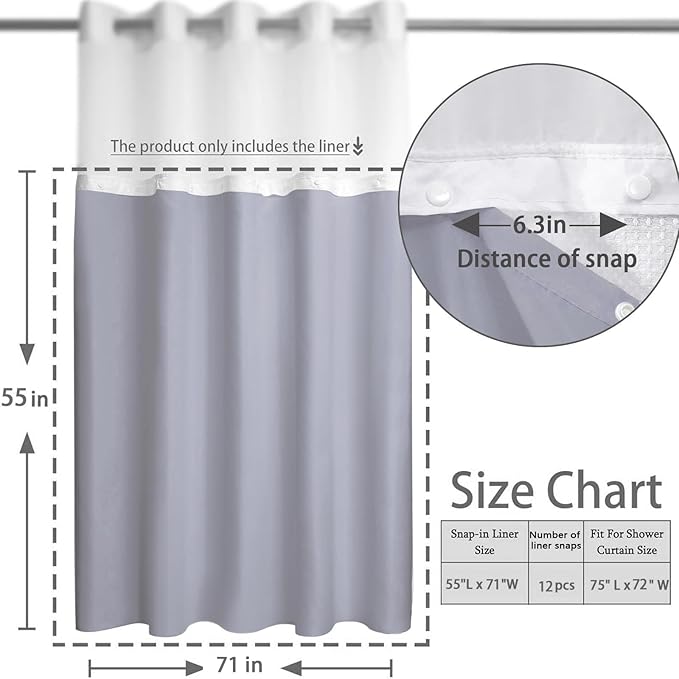 YellyHommy Waterproof Fabric Snap in Shower Curtain Liner Replacement with 2 Magnets71 W x 55" L for 72" W x 75" L No Hook Shower Curtain - Removable & Detachable to Wash - Gray
