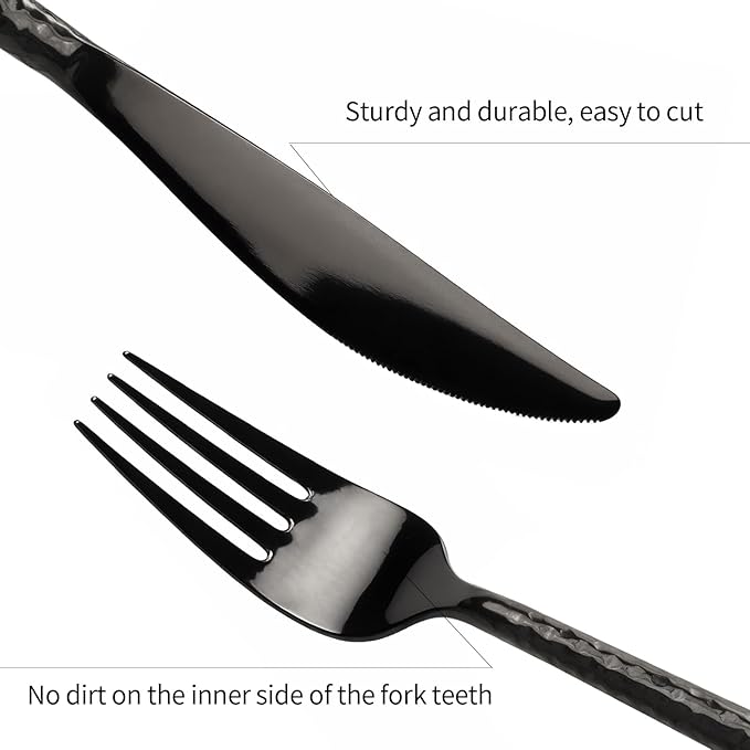 18/10 Stainless Steel Flatware Set Hand Forged Silverware Set Black Cutlery Set Round Hammered Handle Mirror Finished Heavy Duty 20 Pieces Service for 4