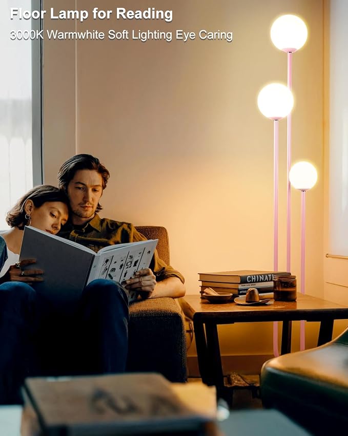 Lightdot 63IN Pink Floor Lamp Mid Century Modern Floor Lamp with 3 Globe Soft Warm White 3000K Bulbs, 3 Lights U-Style Standing Lamp for Wedding Party/Living Room/Bedroom