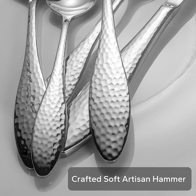 Alata Emma 60-Piece 18/10 Silverware Set, Hammered Flatware Set, Heavy Duty Stainless Steel Cutlery Set, Modern Kitchen Utensils, Dinnerware Sets Service for 12, Mirror Polished & Dishwasher Safe