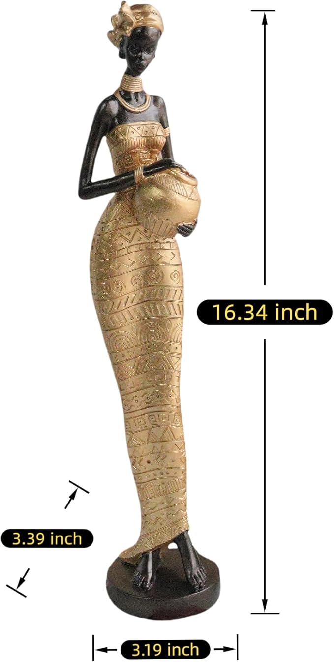 African Traditional Art Handmade Statues, Golden Geometric Pattern Long Skirt Women's Ornaments and Decorations, Suitable for Home Study Display and Cultural Gift Collection