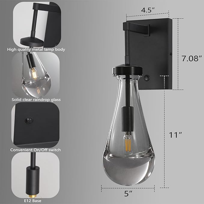 HuisMier Raindrop Wall Sconces, Black Wall Sconces with On/Off Switch, Modern Clear Glass Wall Lamp Vanity Light Fixtures for Bathroom Bedroom Living Room Hallway, Hardwired