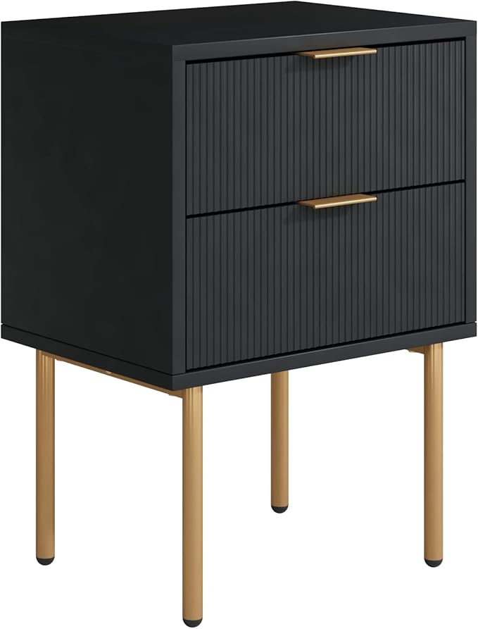 Masupu Nightstand,Mid-Century Modern Bedside Table with 2 Storage Drawer,Small Gold Frame Side End Table for Bedroom,Living Room, Black