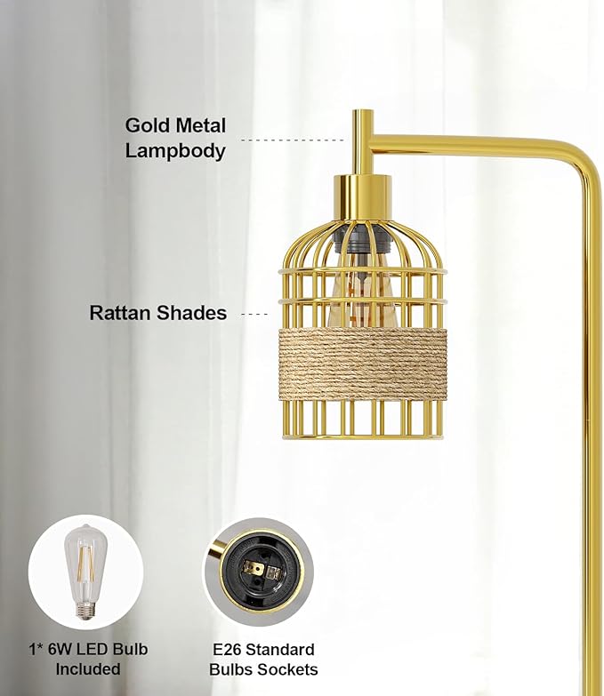 Oneach 66" Gold Floor Lamp for Living Room, Industrial Floor Lamp with LED Buld, Rattan Shade, Foot Switch, Minimalist Farmhouse Tall Standing Lamp for Bedroom, Office, Study Room