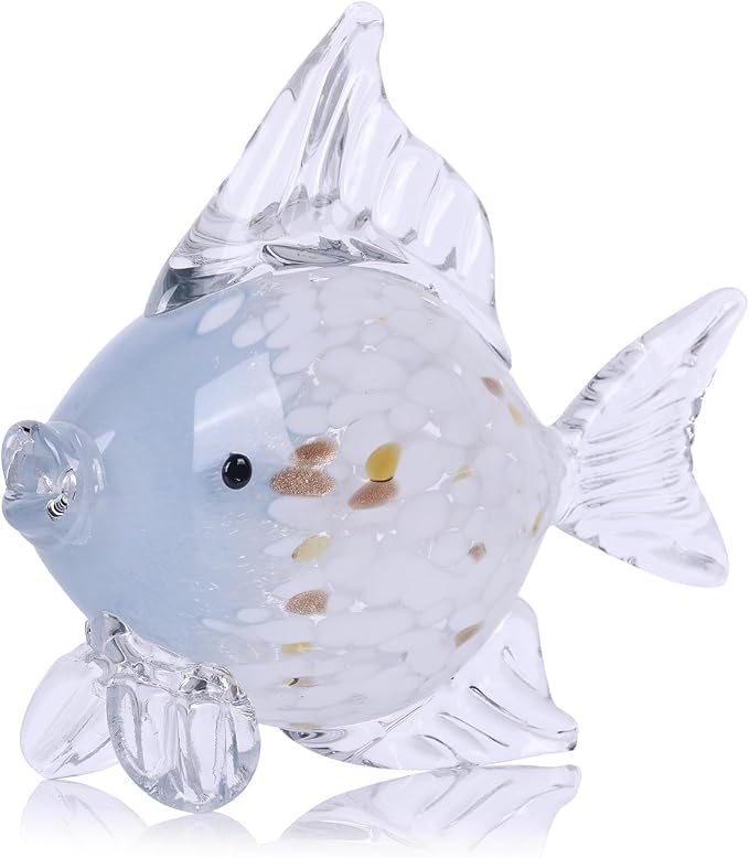 9.4 in Blown Colored Glass Fish Statue, Blue Glass Fish Paperweight Sculpture for Modern Home Decor, Living Room Coffee Table, Office Desk, Dining Table Centerpiece (C)