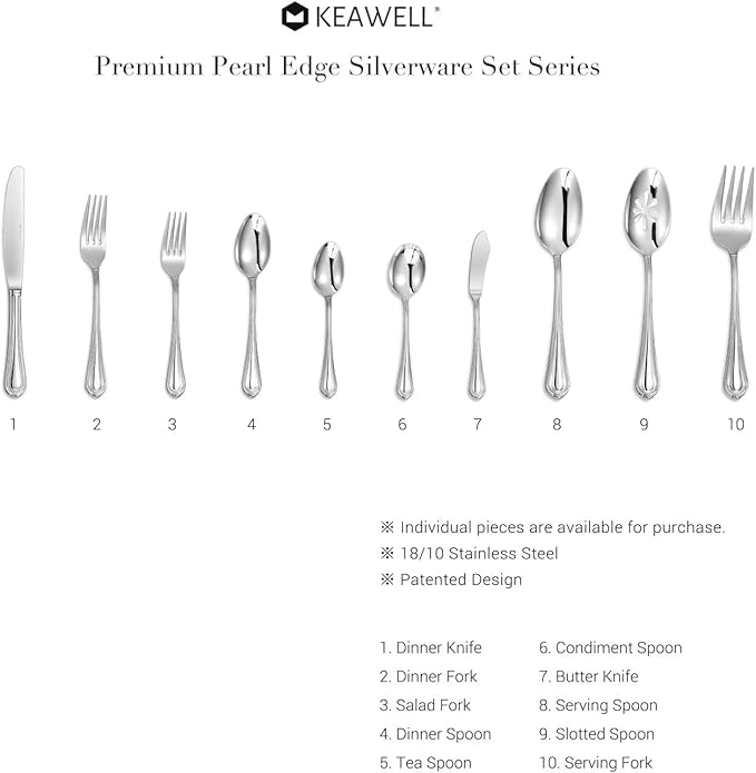 KEAWELL Pearl Edge Premium 20-Piece Refined Bead Silverware Set, 18/10 Stainless Steel, Service for 4, Fine Flatware Set, Dishwasher Safe (20, Silver)