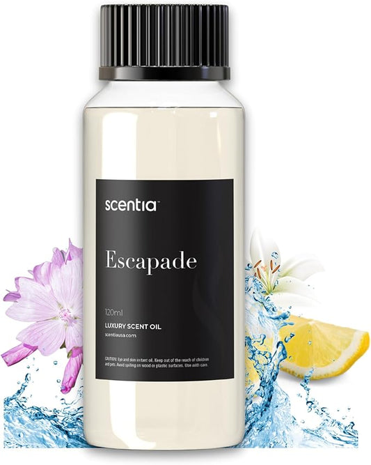 Scentia Hotel Diffuser Oil Inspired by 5-Star Hotel Scent - 120 mL 4.06 fl oz - Essential Oil Blend Botanical Jasmine, Bergamot & Fresh Marine Notes for Aromatherapy Diffusers - Escapade