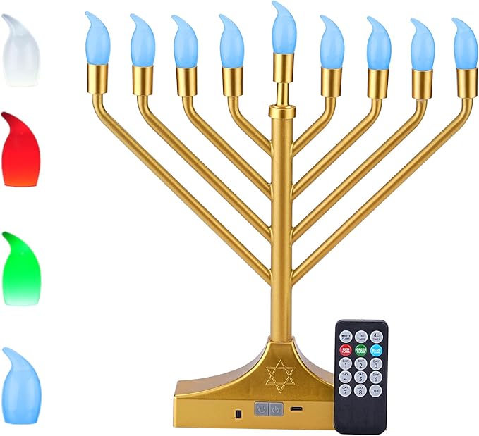 Electric Hanukkah Menorah,RGB Led Menorahs for Chanukah Decoration,Color Changing with Remote Control & Push-Button to Choose The Day and Timer Options Battery/USB Powered,Gold