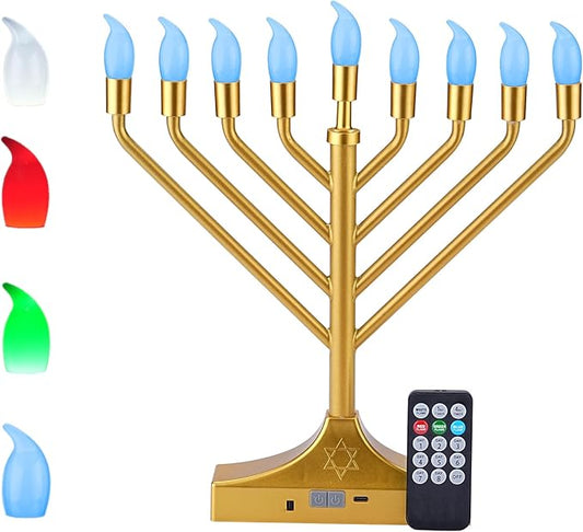 Electric Hanukkah Menorah,RGB Led Menorahs for Chanukah Decoration,Color Changing with Remote Control & Push-Button to Choose The Day and Timer Options Battery/USB Powered,Gold