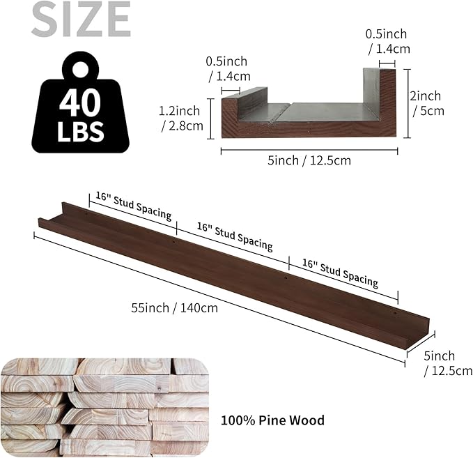 SAUMONIERES Picture Ledge Shelf Floating Book Shelves Set of 2 Wall Mounted Solid Wood for Bedroom Bathroom Living Room Kitchen, 55 Inch Walnut
