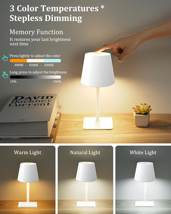 Cordless Table Lamp Rechargeable Lamps: 6000mAh Battery Operated Table Lamp Outdoor Waterproof, Touch Control, Portable Wireless Desk Lamp for Dinner/Bedroom/Restaurant （White2 Pack