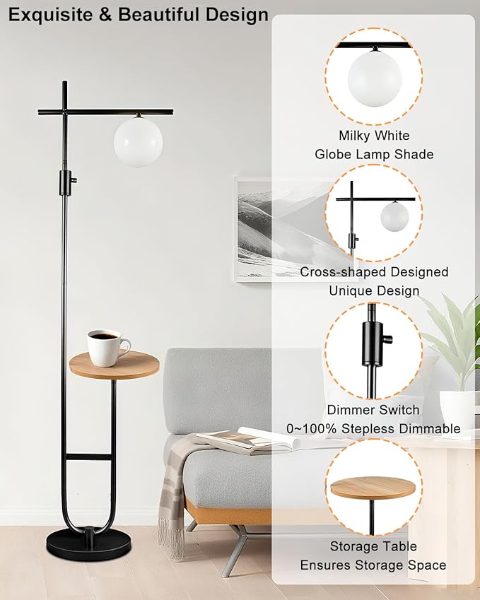 Lightdot 66IN Black Dimmable Floor Lamps with Storage Table, Modern Standing Tall Lamp with Milky White Globe Lampshade, Cross-Shaped Lamp Head and U-Pole Base Style for Living Room/Bedroom/Office