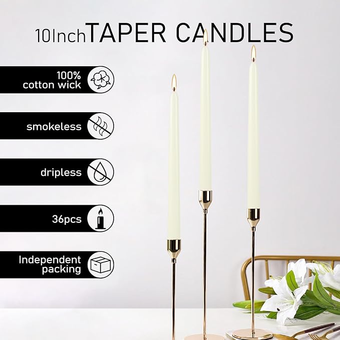 36 Pack Ivory Taper Candles 10 inch(H) Dripless, Smokeless & Unscented - Long Burning Time - Hand Poured Tall Candlesticks - Ideal for Restaurant,Weddings, Dinner Parties, and Home Decor