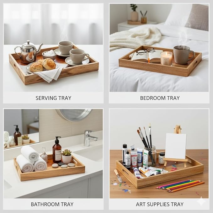 Mela Artisans Wooden Serving Tray with Handles | 15x10x1.75 inch | Mango Wood Decorative Tray | Ottoman Tray | Snacks | Desserts | Breads | Coffee Table | Bedroom | Rectangular Edge Design