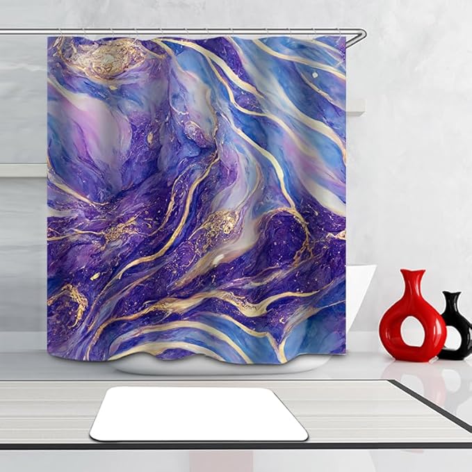 Domoku Purple Blue and Gold Marble Shower Curtain,Abstract Modern Bathroom Decor, Waterproof Washable Fabric Shower Curtain, 72 X 72